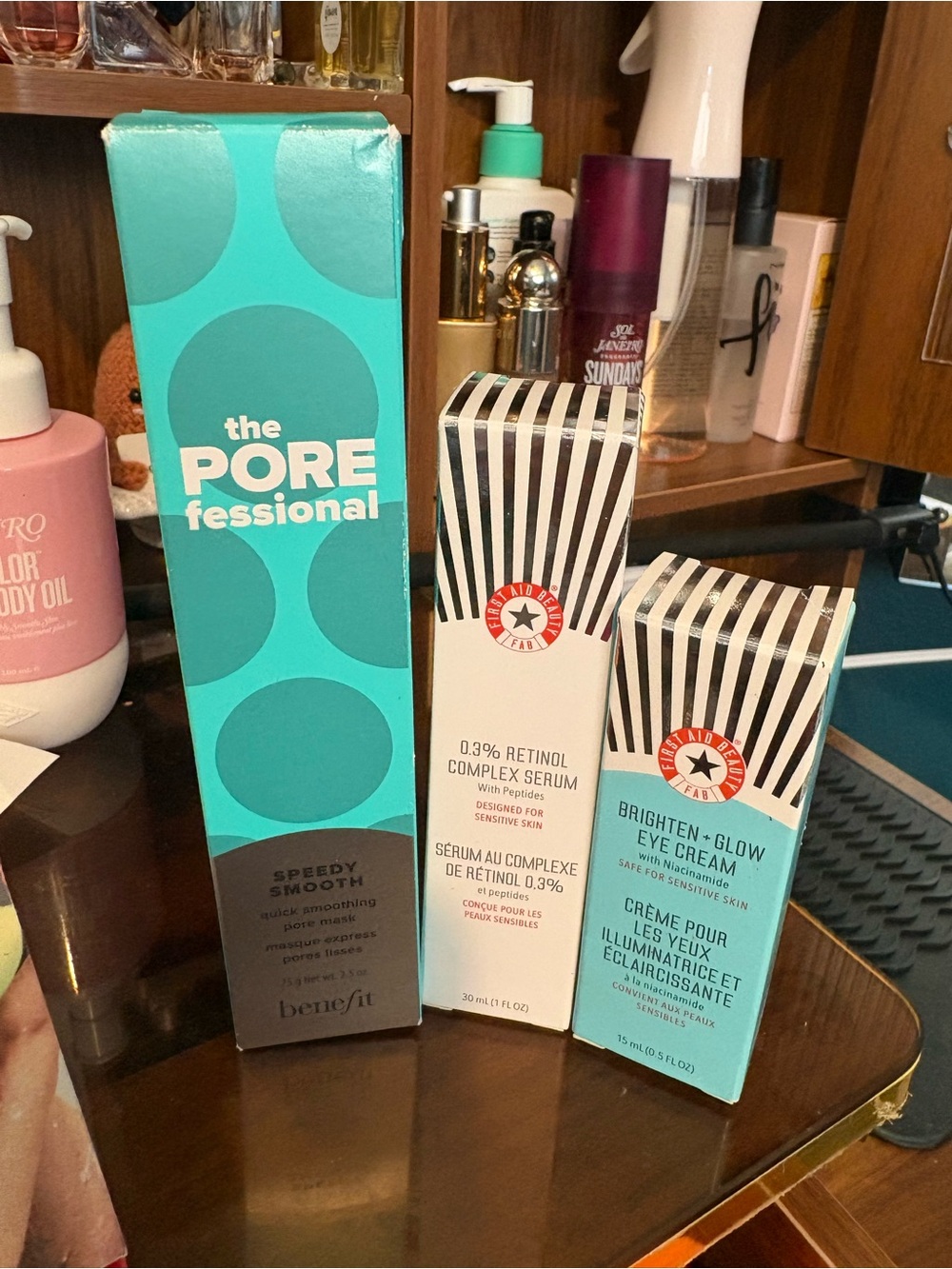 Benefit POREfessional mask and First Aid Beauty serum and eye cream